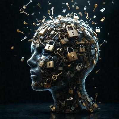 The primary subject of the image is a head made of various locks and keys. The setting is a dark background, which contrasts with the bright and shiny appearance of the locks and keys. The visual style is a digital art or illustration, as the head is composed of multiple locks and keys arranged in a unique and creative manner. The colors and mood of the image are predominantly metallic and shiny, giving the impression of a futuristic or fantastical scene.